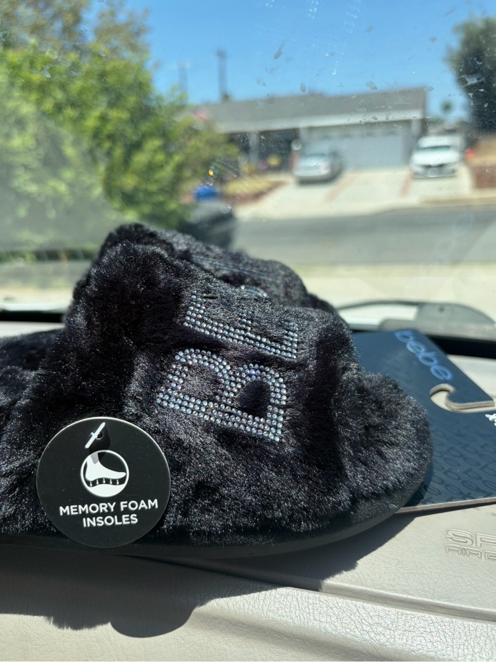 bebe Black Faux Fur Slide Slippers with Rhinestone Logo